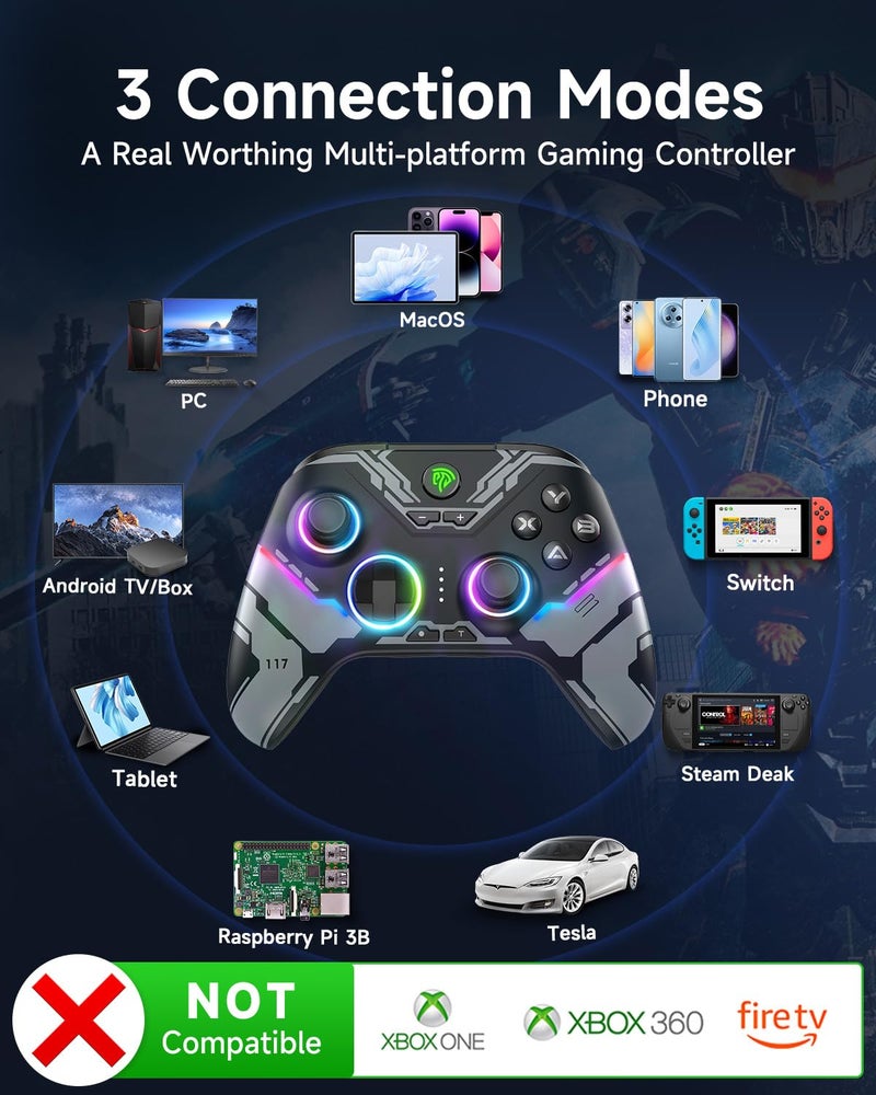 EasySMX X15 PC Controller - Enhanced Wireless Bluetooth Controller with Hall Joysticks/Hall Triggers/RGB Lighting - No Stick Drift, No Dead Zone - Work for Windows PC, Android, Steam and Switch - Image 2